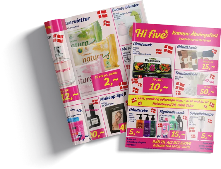 Tilbudsaviser fra Hi Five, der reklamerer med lave priser på alt fra makeup og rengøringsprodukter til planter og sokker.